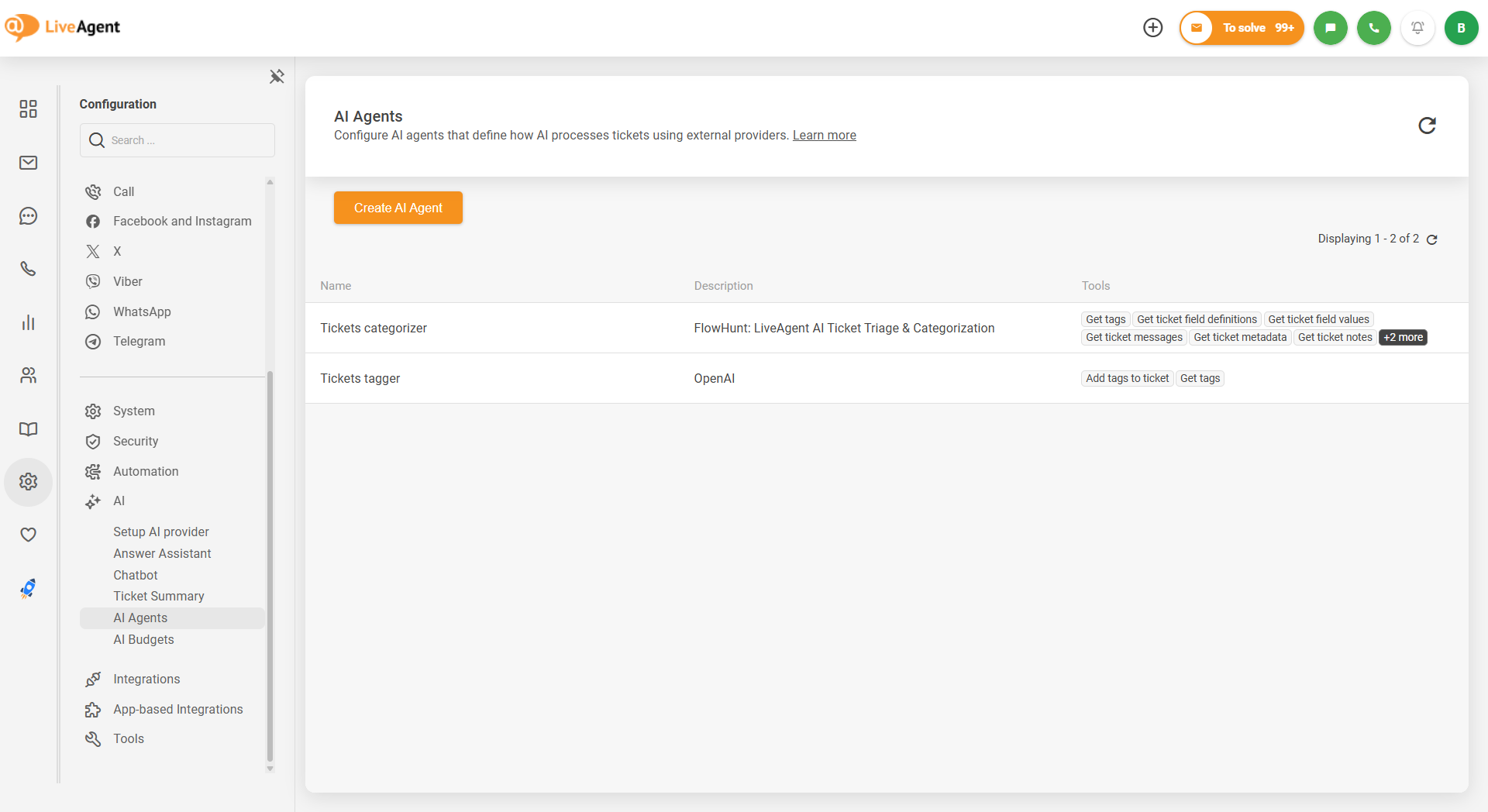 チケット分類エージェントとチケットタグ付けエージェントを一覧表示するLiveAgent AIエージェント設定画面