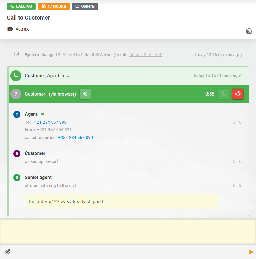 LiveAgent通話リスニング機能。エージェント間のメモ相互作用を表示