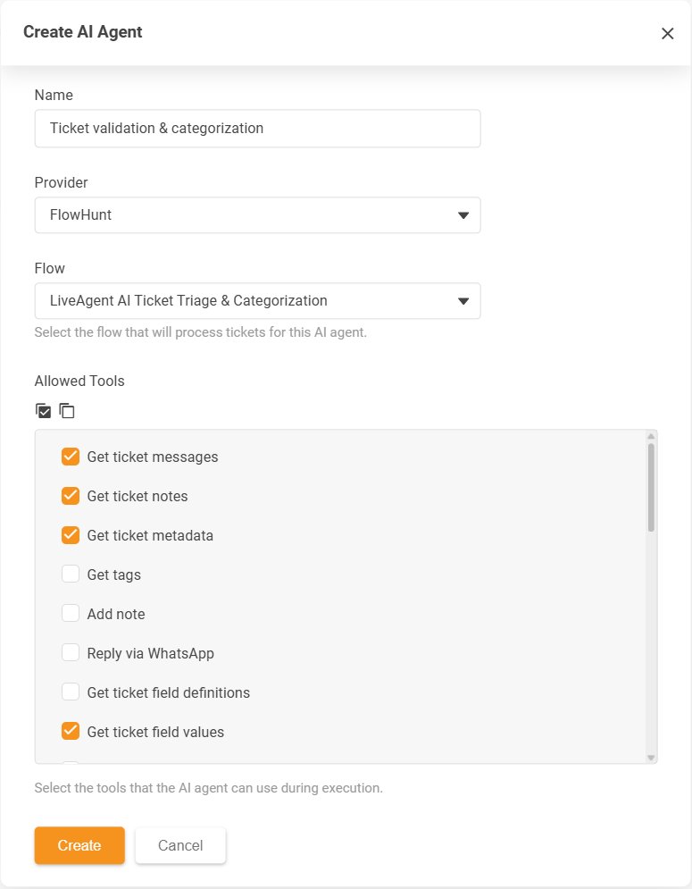 許可されたアクションのリストである「許可されたツール」を表示したLiveAgentのAIエージェント作成ダイアログ