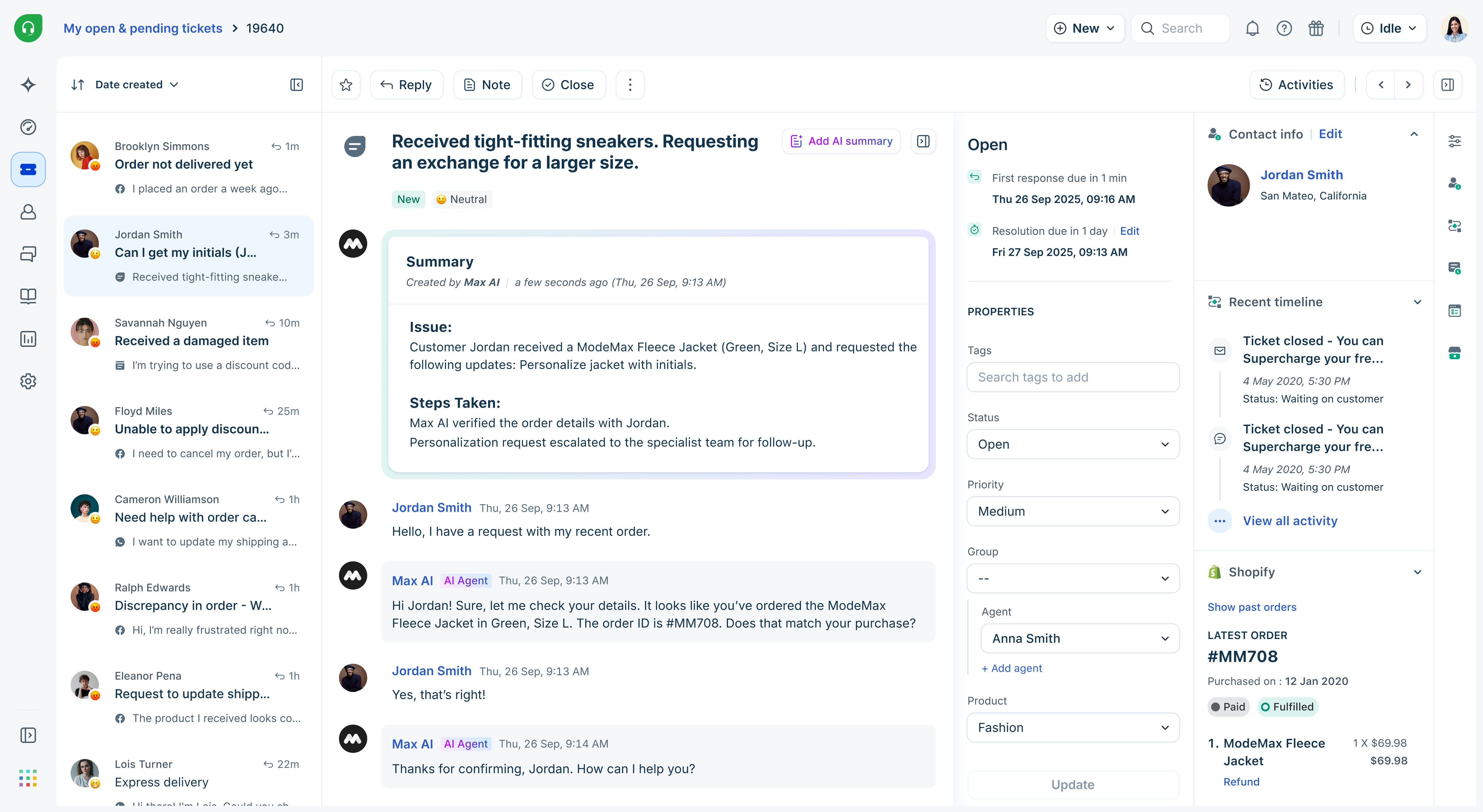 Freshdeskのチケット一覧ビュー。優先度とステータスカラムを表示