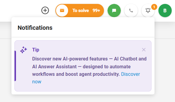 LiveAgentの新しいアプリ内ニュースパネルのスクリーンショット。通知とアップデートを表示
