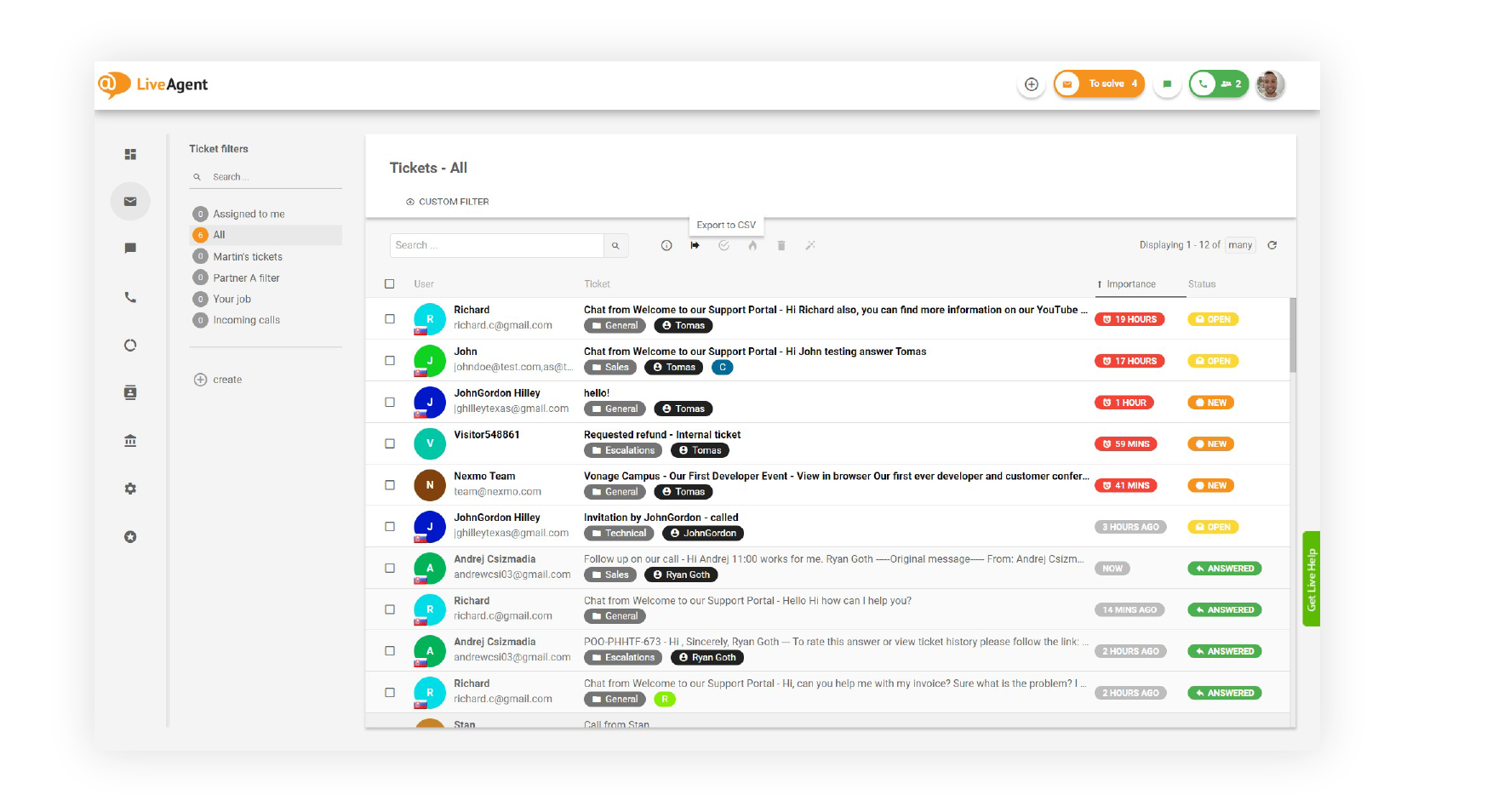 LiveAgentのユニバーサル受信箱。メール、チャット、通話のチケットが1つのキューに