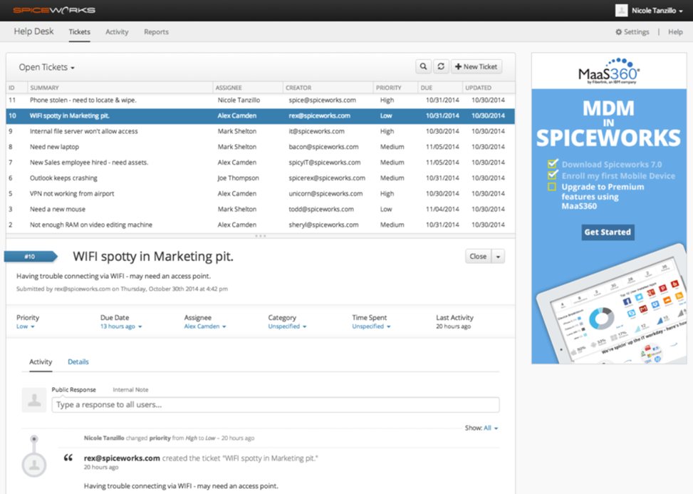 Spiceworks Cloud Help Deskのチケット一覧。ユーザーポータルからの送信を表示