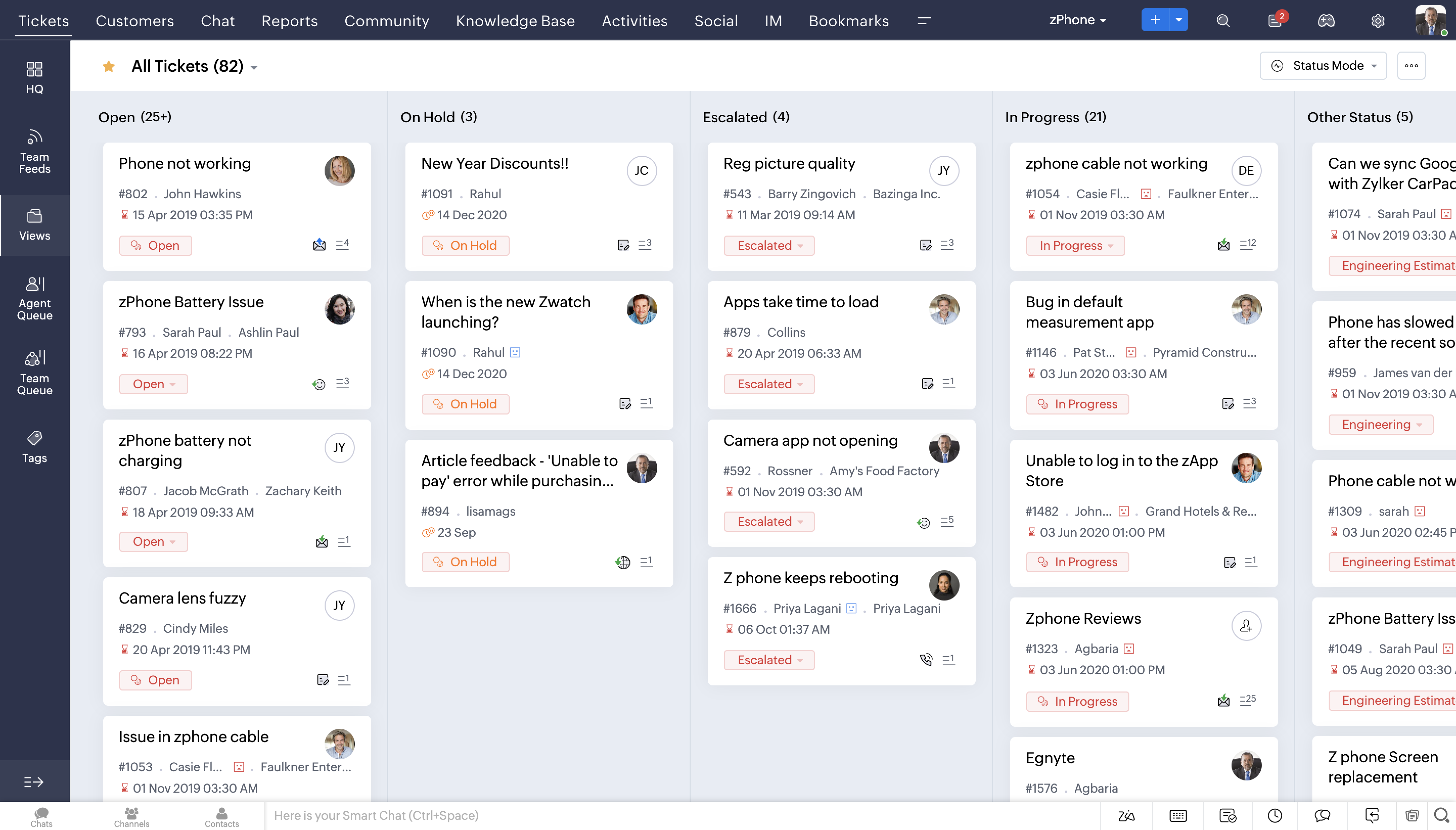 Zoho Deskのエージェントビュー。刷新されたチケットキュー表示