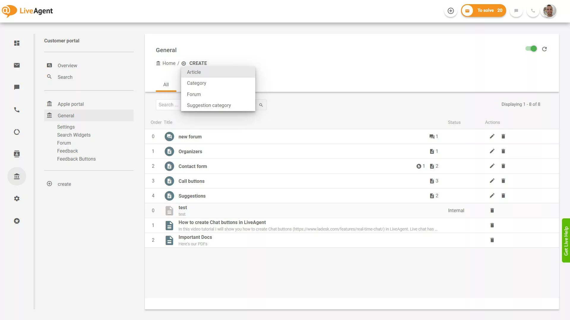 アプリケーション内のLiveAgentチケット概要