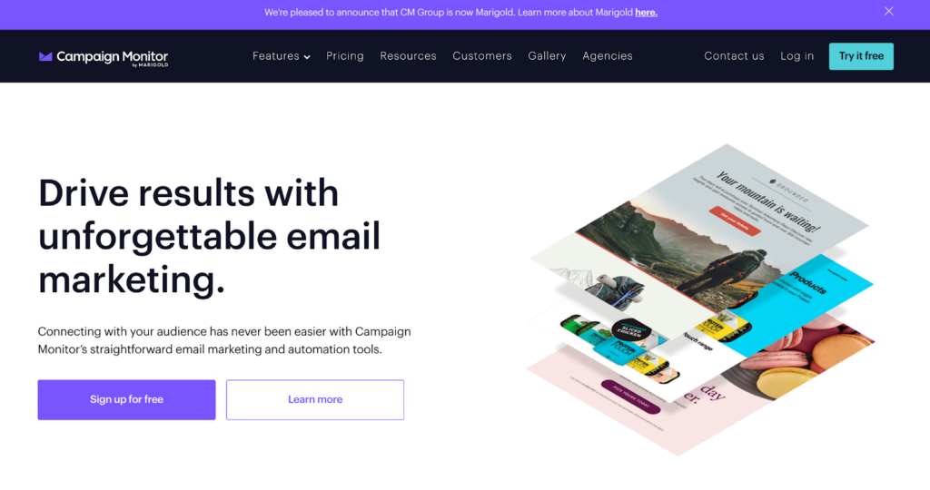 効率的なメール管理およびマーケティングシステムであるCampaign Monitorホームページ
