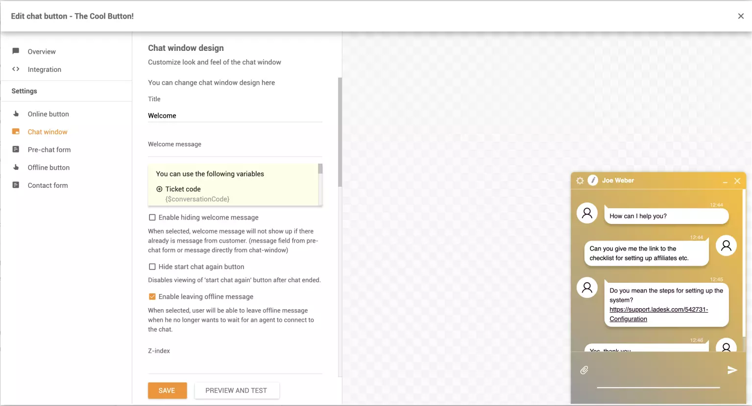 チャットウィンドウをカスタマイズ