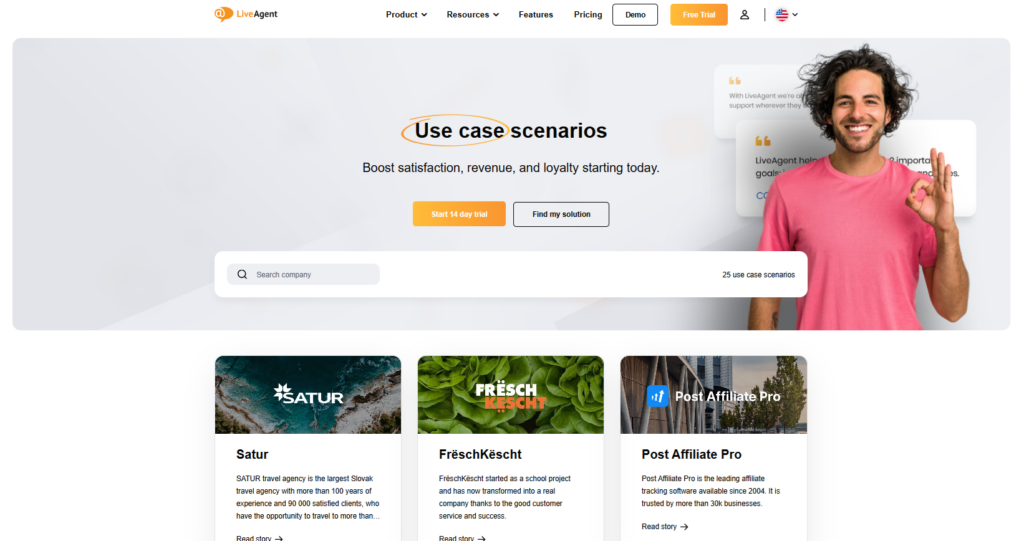 顧客の成功事例を共有しているLiveAgentのウェブサイトのスクリーンショット