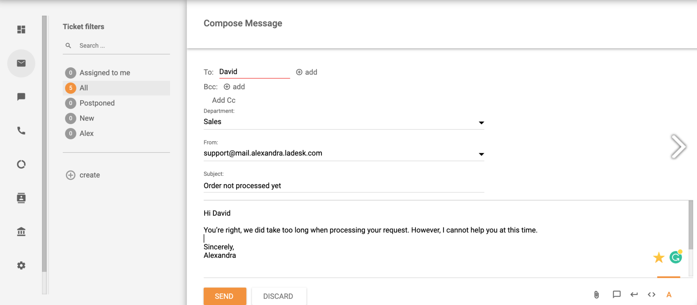 Ticketing system compose a new message