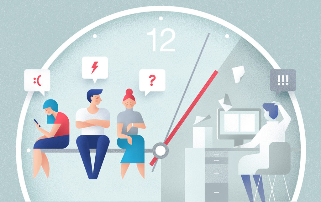 カスタマーサポートを待つ顧客のイラスト