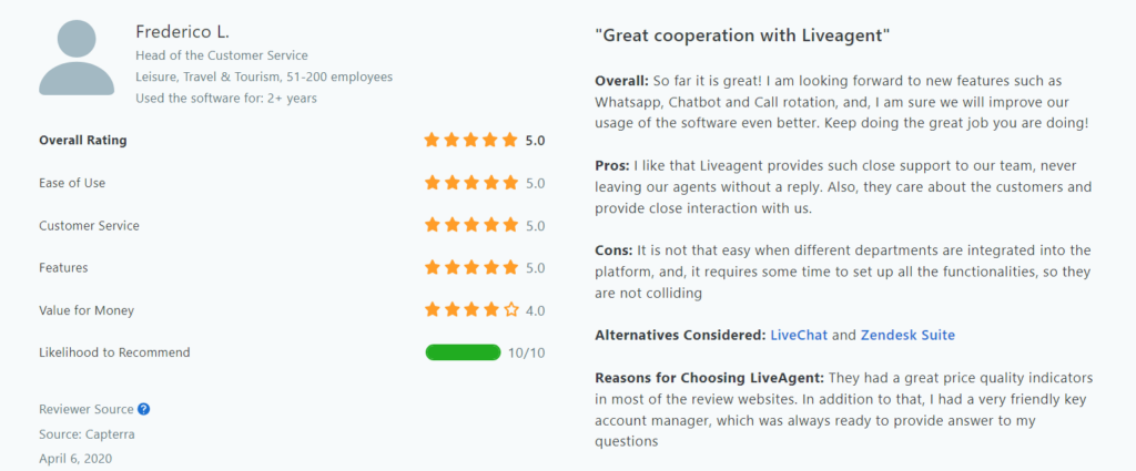 Customer service review that highlights their satisfaction with customer service provided by LiveAgent