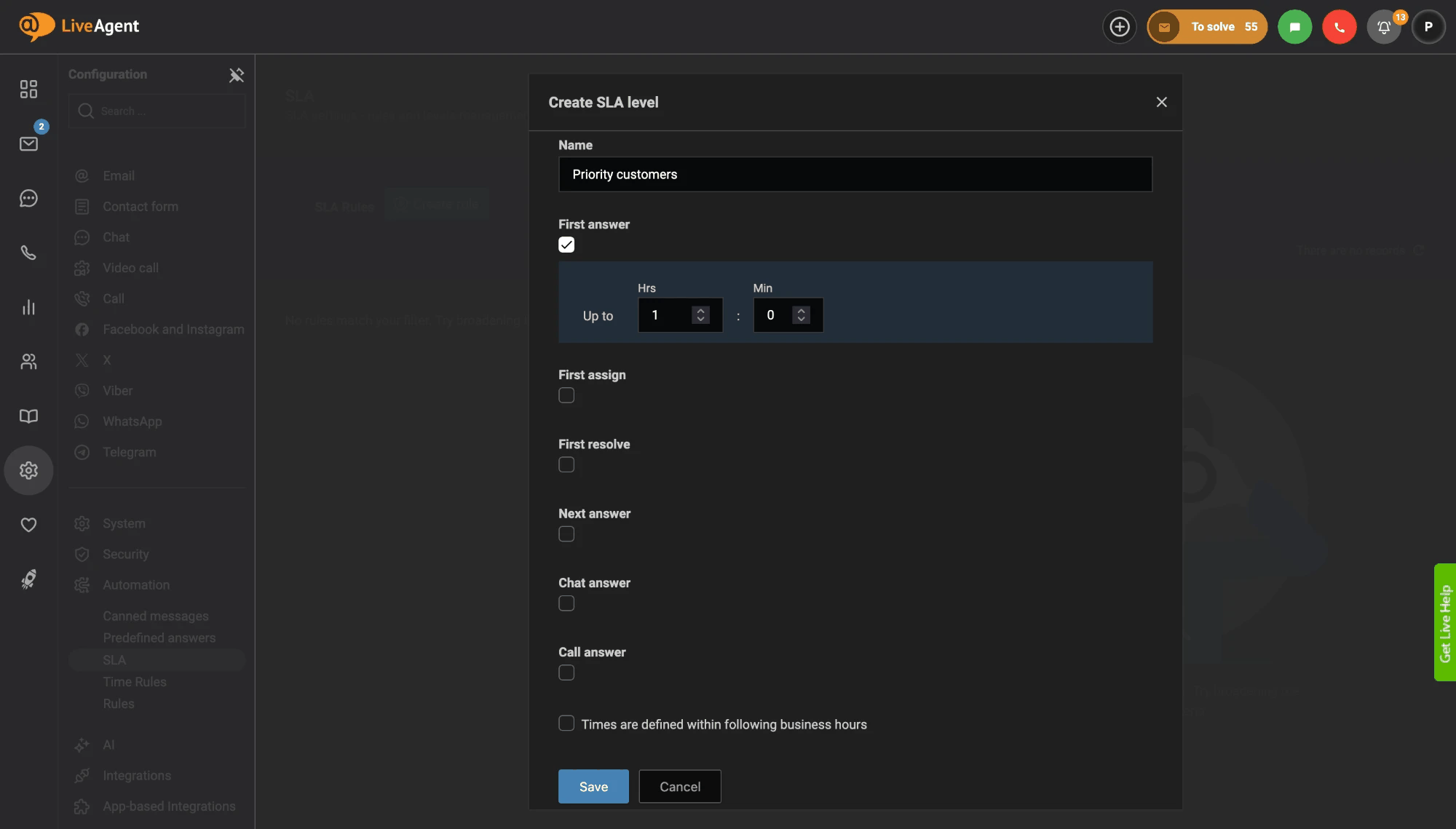 LiveAgentのSLAレベル作成フォーム。名前は優先顧客、最初の回答時間は最大1時間