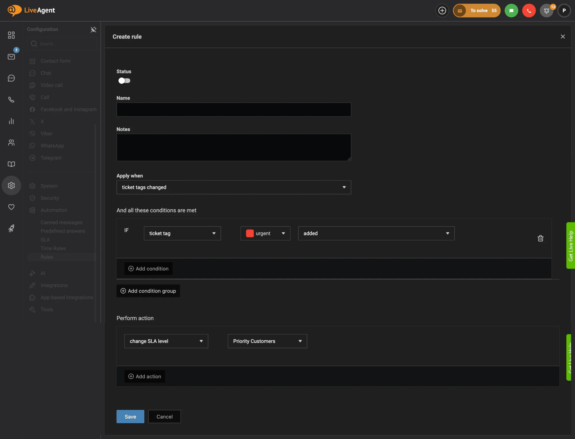 チケットにurgentタグが追加されたときにSLAレベルを優先顧客に変更するLiveAgentのルール