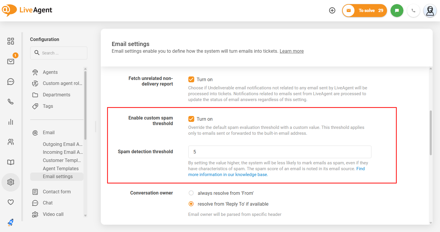LiveAgentのカスタマイズ可能なスパム閾値のインターフェース