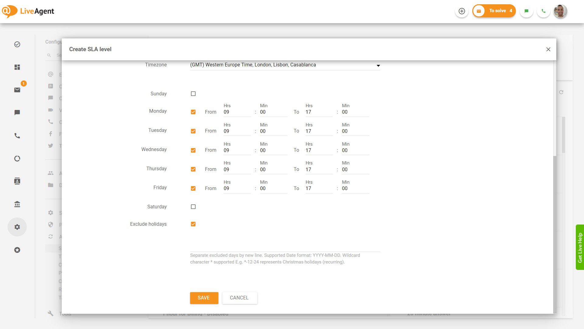 LiveAgentの営業時間設定