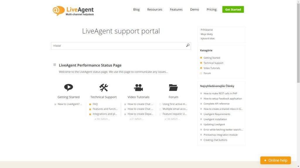 LiveAgentのサポートポータル。簡単に検索可能なナレッジベースの優れた例。