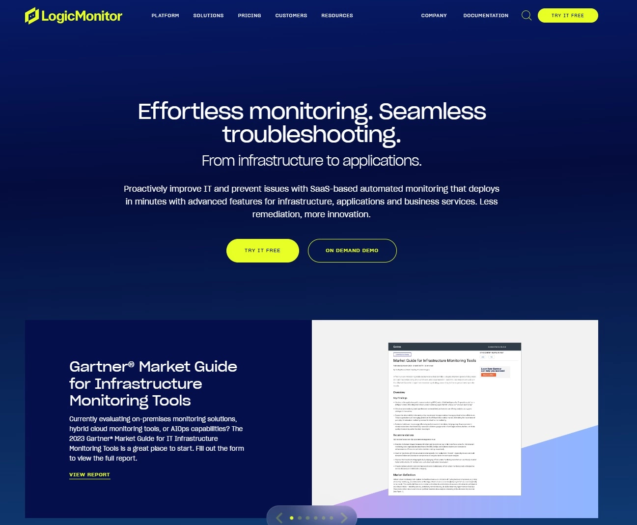 LogicMonitorのホームページのスクリーンショット - 楽な監視とトラブルシューティングのためのITパフォーマンスプラットフォーム