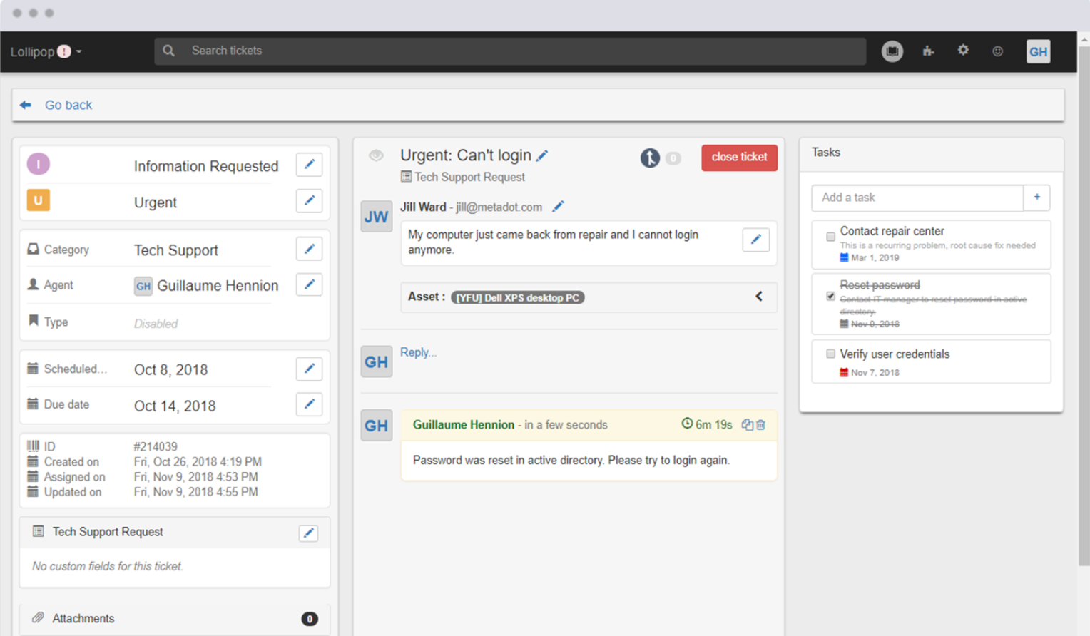Mojo IT Helpdesk チケットタスク