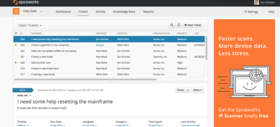 Spiceworksの無料チケッティングサービス