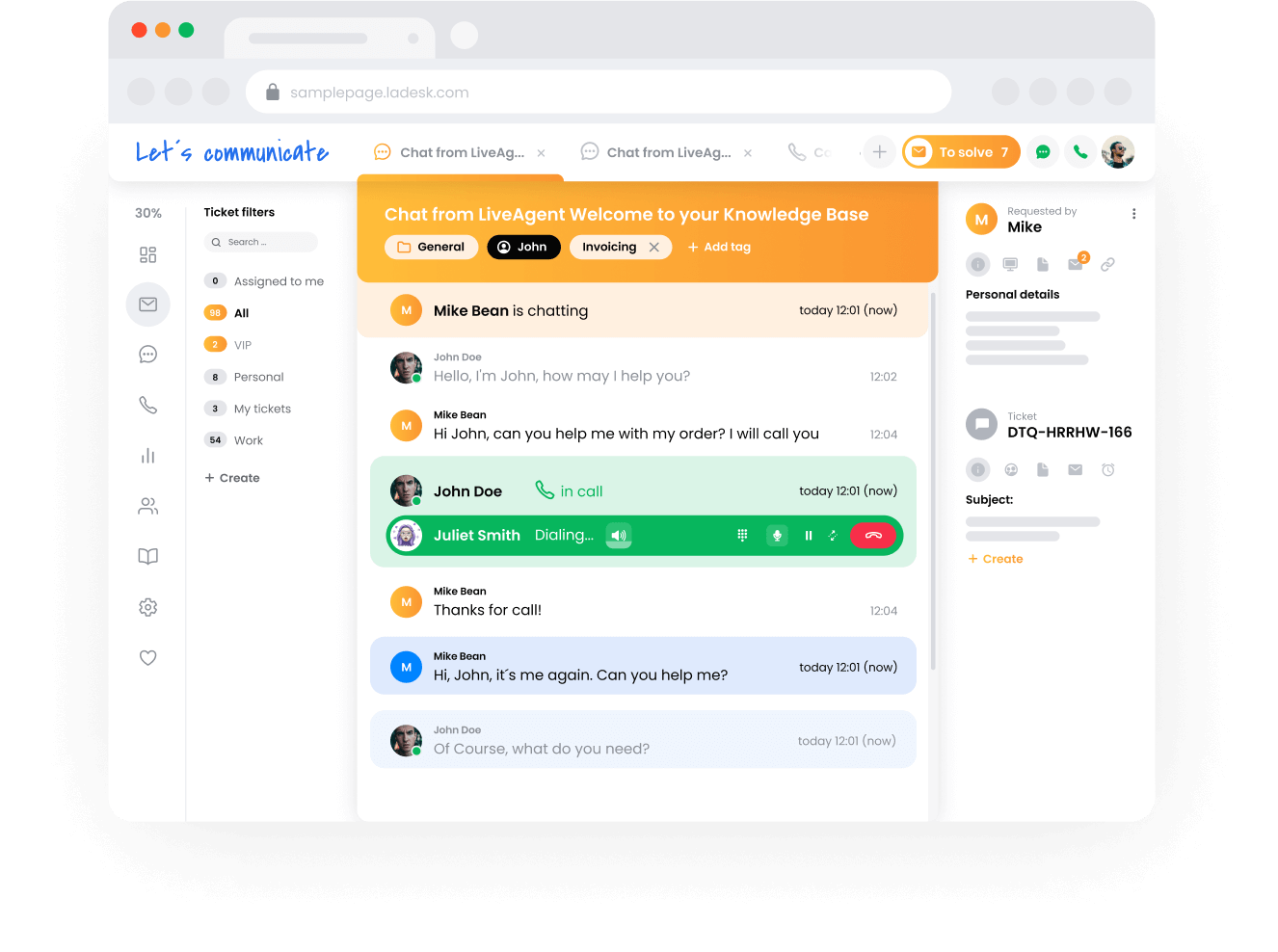 LiveAgentのチケットシステムがサポートチームビューとチケット管理インターフェイスを表示