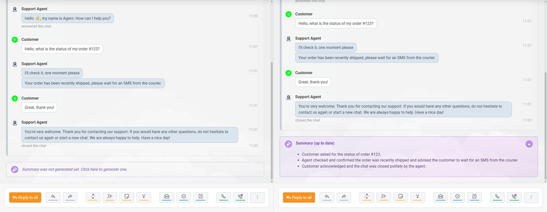チャット会話に対して生成されたLiveAgent AIチケット要約