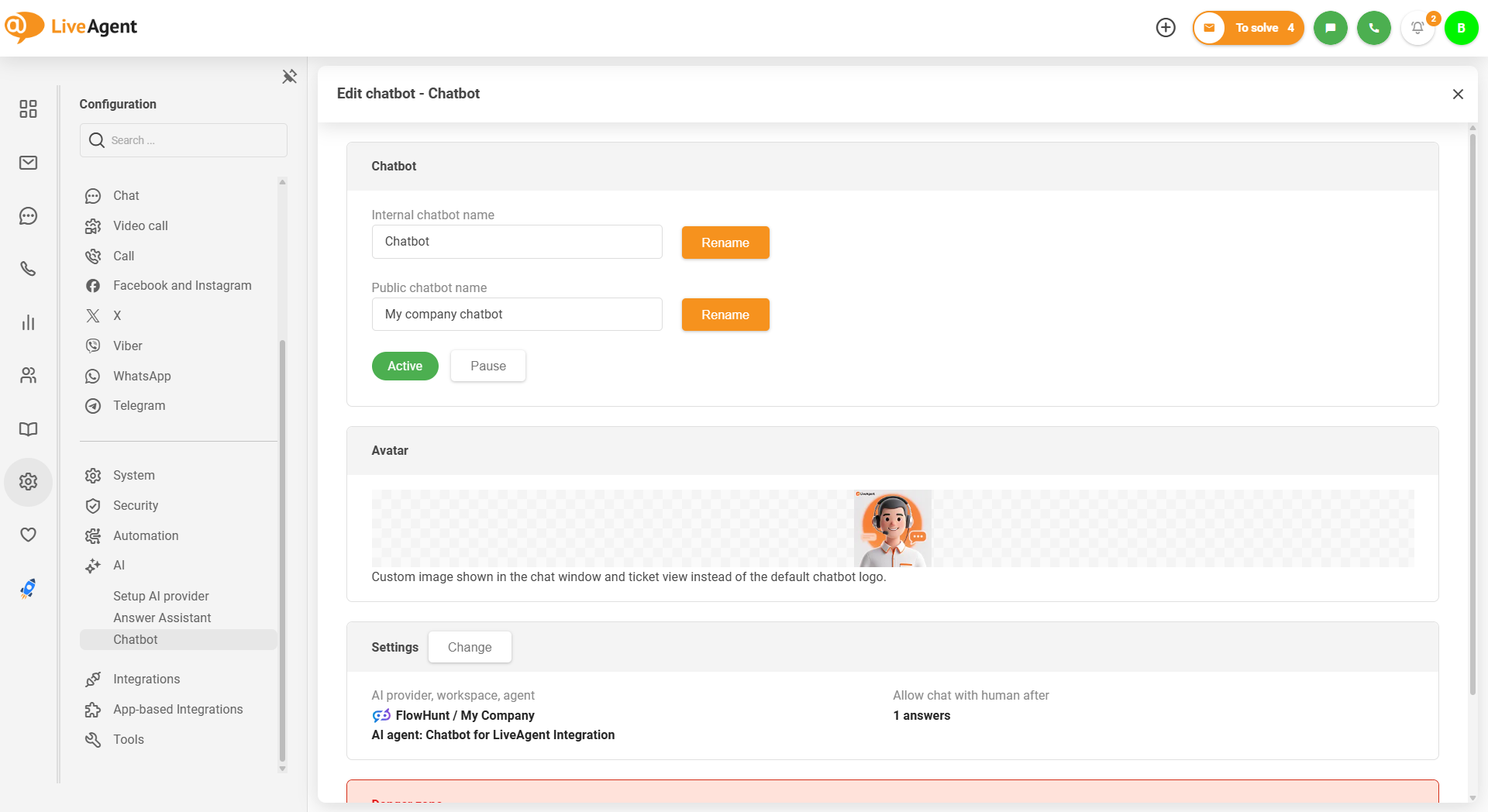 カスタムアバター画像アップロード機能付きのLiveAgent AIチャットボット