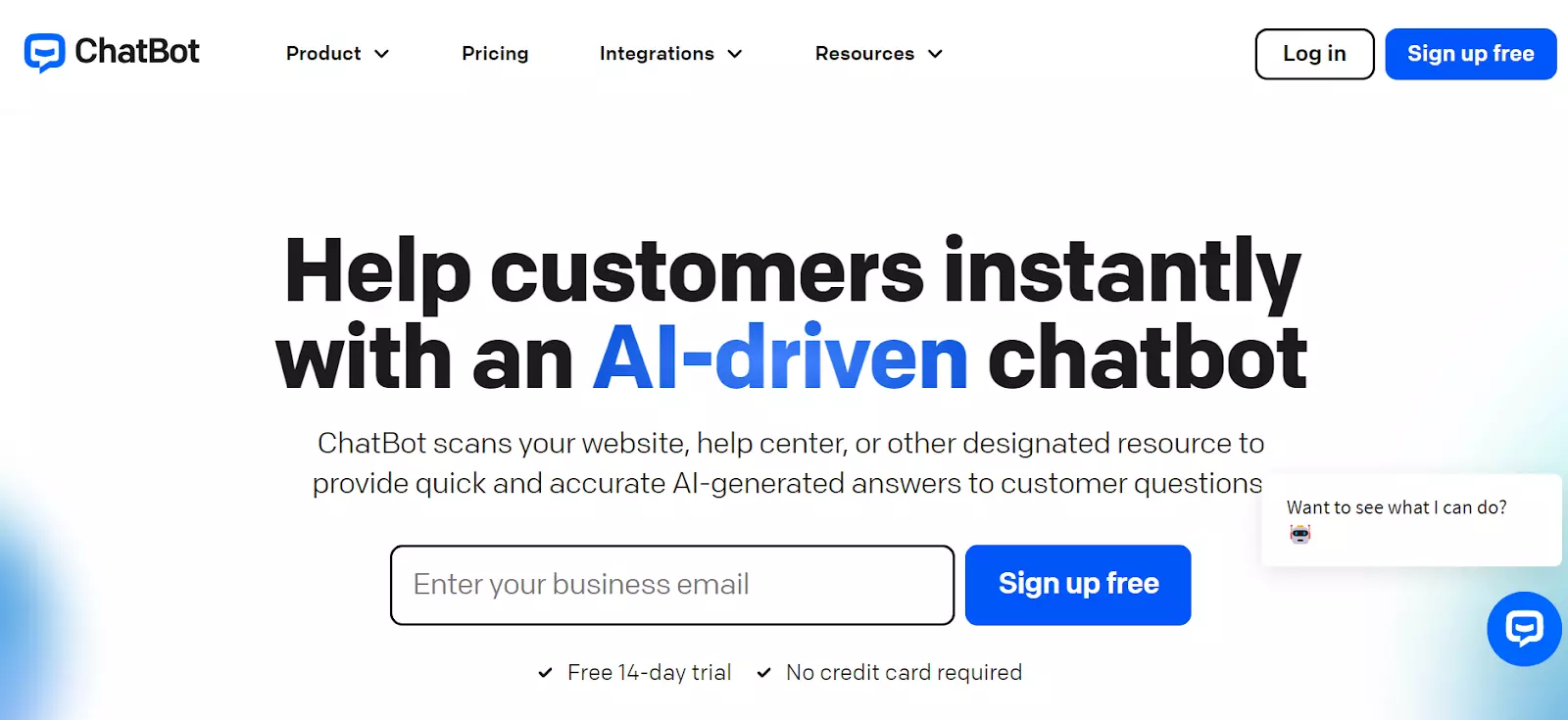 強力なチャットボットでAI生成の回答を提供するChatBotホームページのスクリーンショット