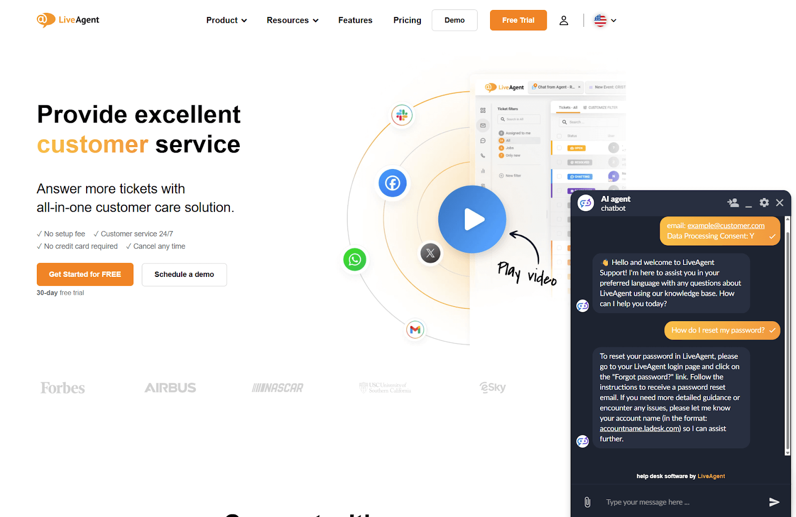LiveAgent AIチャットボットとのカスタマーサポート会話スクリーンショット