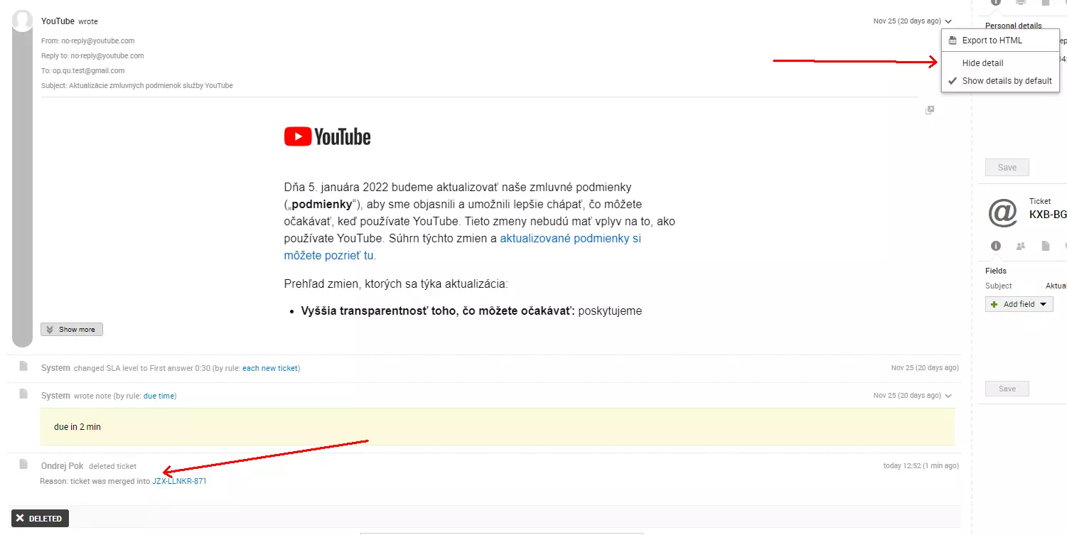 2つのチケットをマージした後のメールソースエラーを示す画像。LiveAgentの以前のバージョンに存在していた問題です