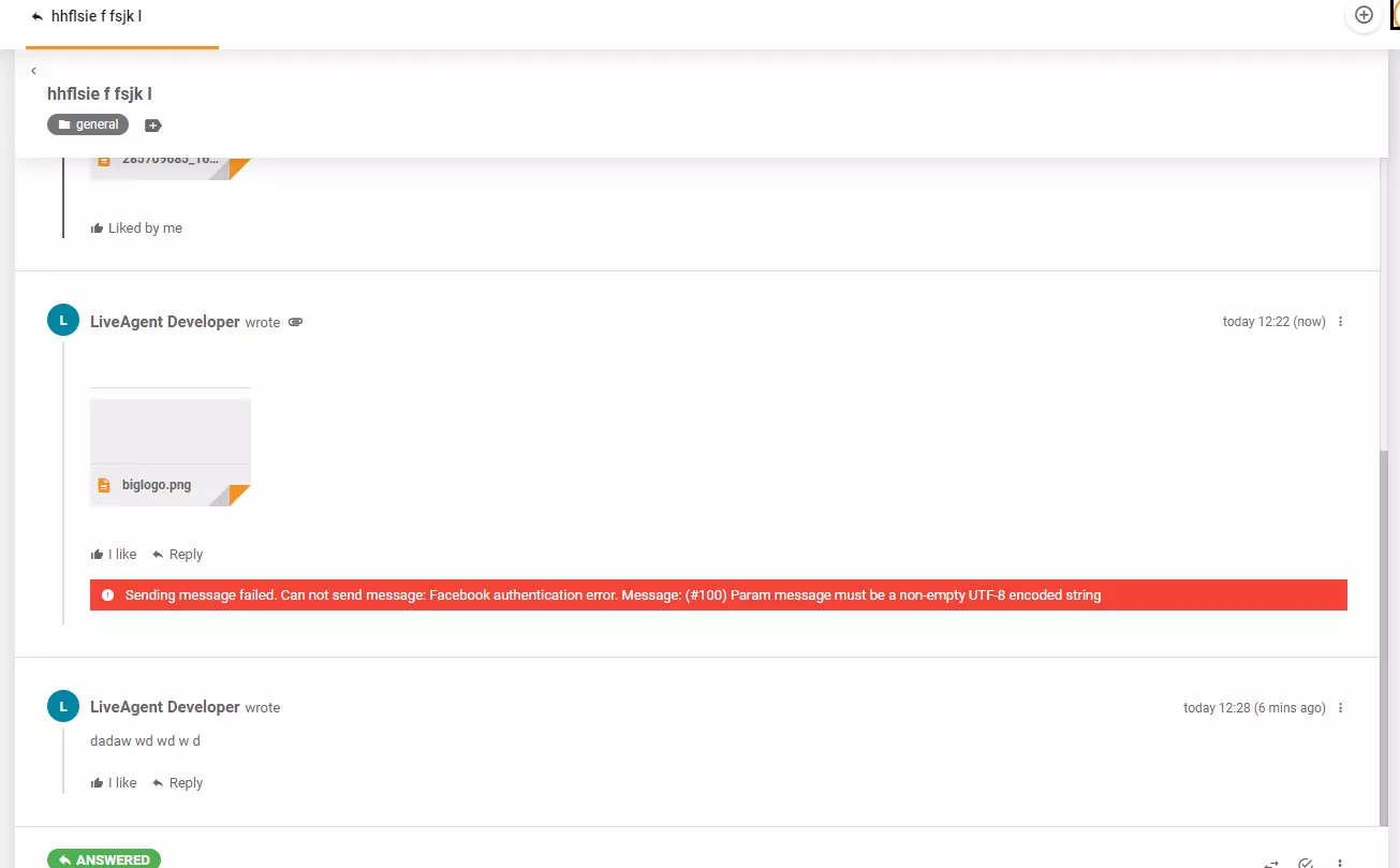 LiveAgent経由でFacebookに画像を投稿する際に表示されるエラーメッセージ