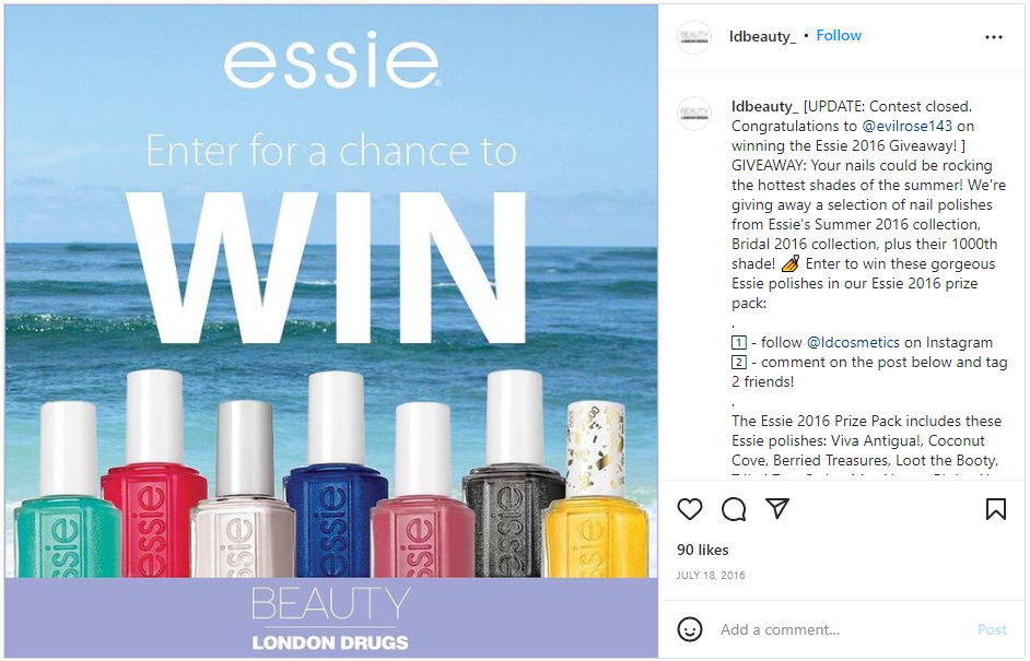 Essieブランドソーシャルメディアギブアウェイコンテスト友人にタグ付けするようフォロワーに求める