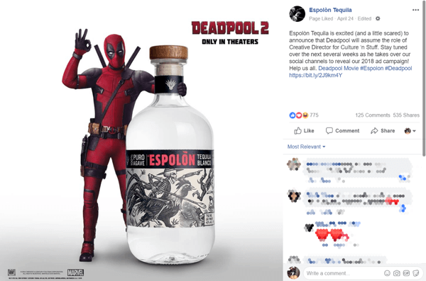 Deadpool 2映画とのテキーラブランドパートナーシップ発表Facebook上