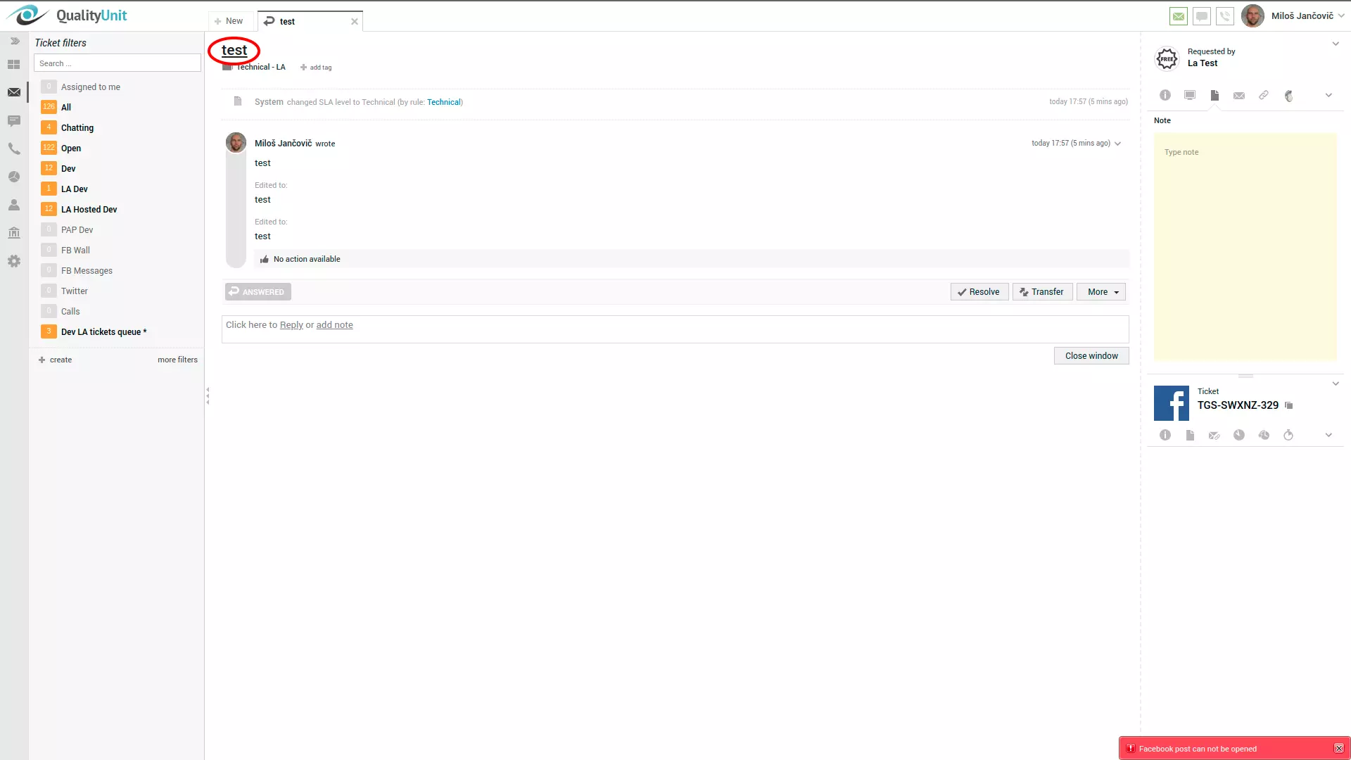 LiveAgentユーザーインターフェイスの右隅のFacebook投稿エラー