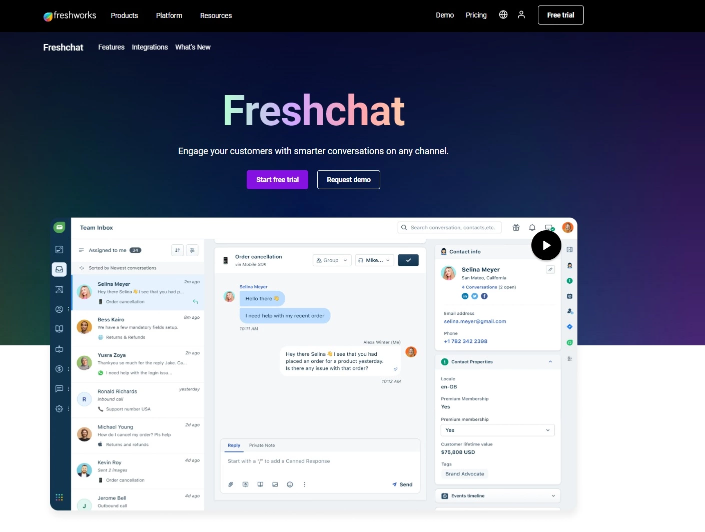 スマートで高速な会話のためのライブチャットツールであるFreshdesk のホームページのスクリーンショット