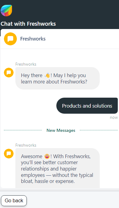 Freshdesk でのチャットボットと顧客間の会話を示す画像