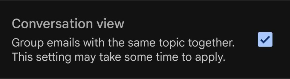 Gmailアプリで会話ビューを有効および無効にするためのチェックボックス