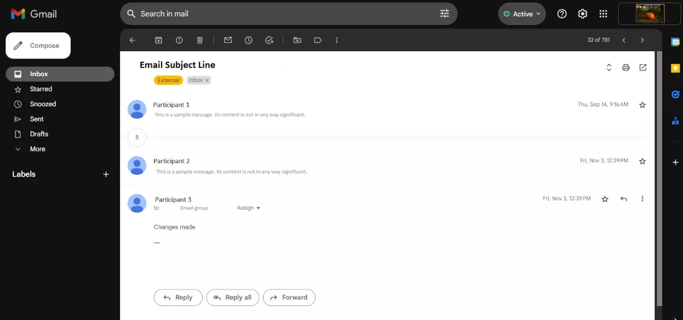 一定期間にわたって複数の参加者間のメールスレッドの例