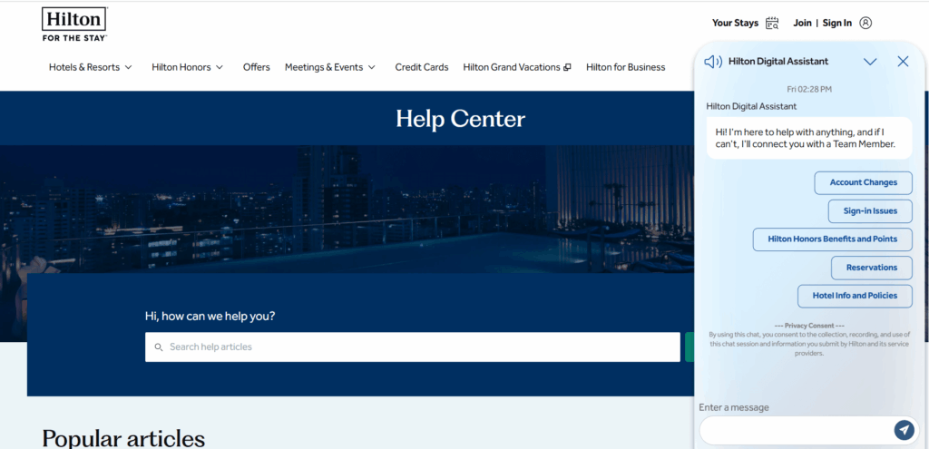 Hiltonのウェブページ上のHiltonデジタルアシスタント