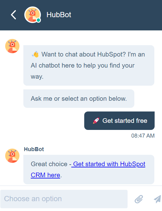 HubSpotを通じたライブチャット会話の見栄えを示す画像