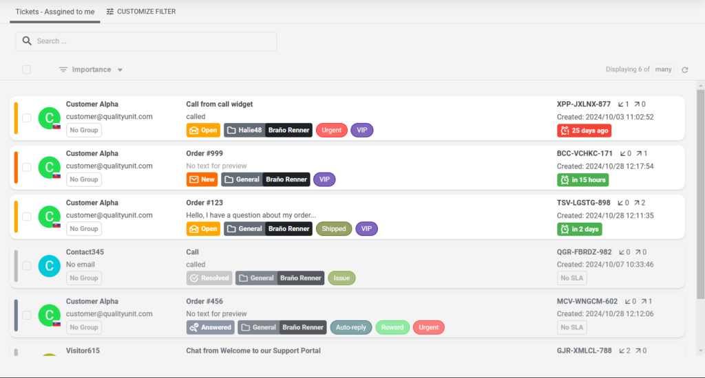 Ticket management screen with customer ticket details showing responsive ticket view.
