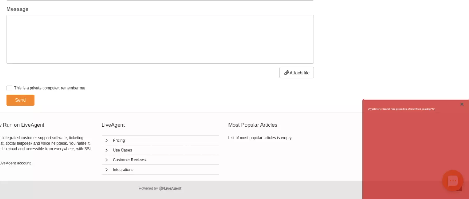 LiveAgentの以前のバージョンでナレッジベースチケットの送信に関する問題を示す画像