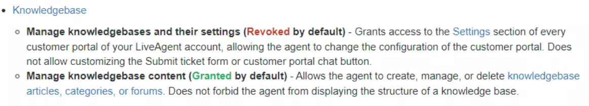 Image showing examples of different permissions that users can have regarding their knowledge base