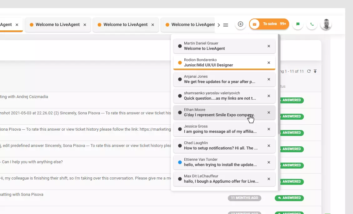 LiveAgent - 開いているチケットのリスト