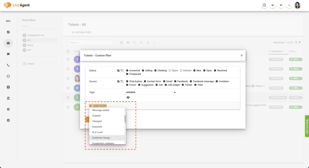 LiveAgent顧客フィルターを追加