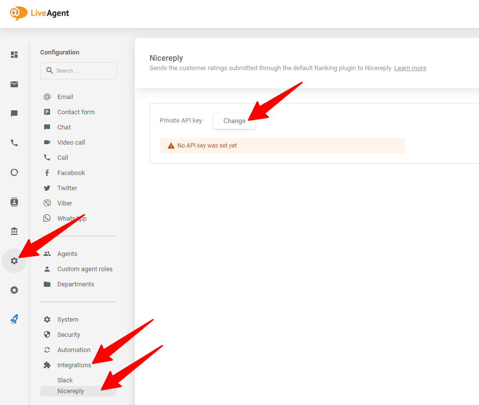 生成されたAPIキーをLiveAgentアカウントに配置する場所を示す画像