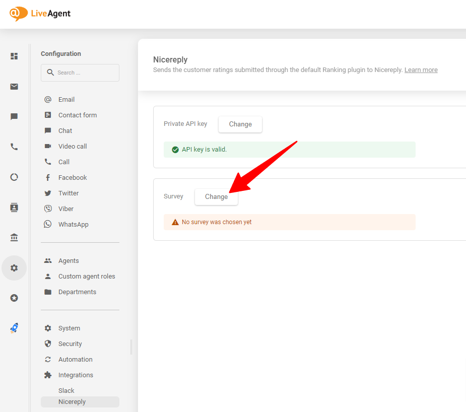 APIキーをLiveAgentに貼り付けた後、使用したいNicereply調査を選択してください