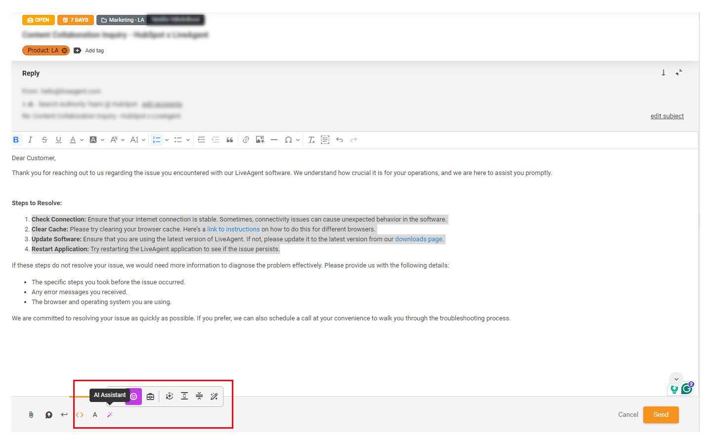 LiveAgentのAI回答アシスタントインターフェース