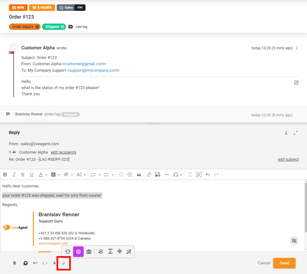 チャットビューのAI回答アシスタントボタンのスクリーンショット