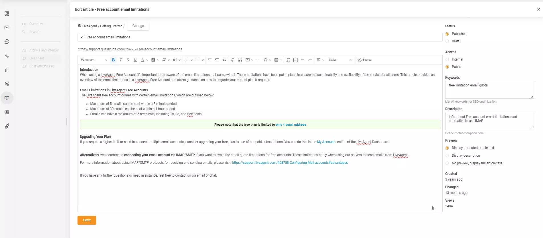 LiveAgentの記事エディタ