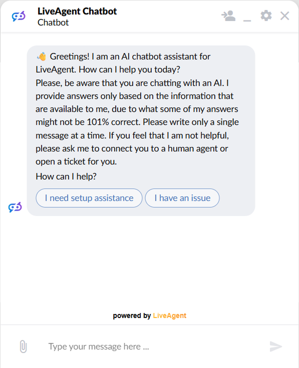 LiveAgentのチャットウィンドウ：セットアップヘルプと問題報告の2つのタップ可能な回答ボタンが表示されたAIチャットボットの挨拶